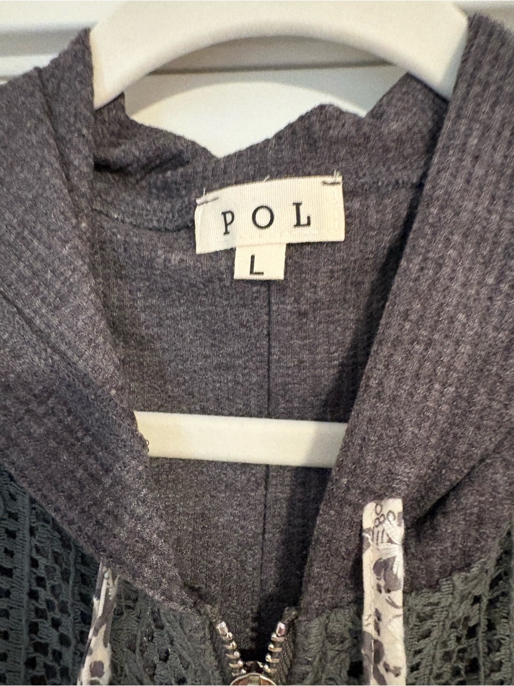 NWOT POL charcoal gray zip hoodie with floral trim - Picture 3 of 3